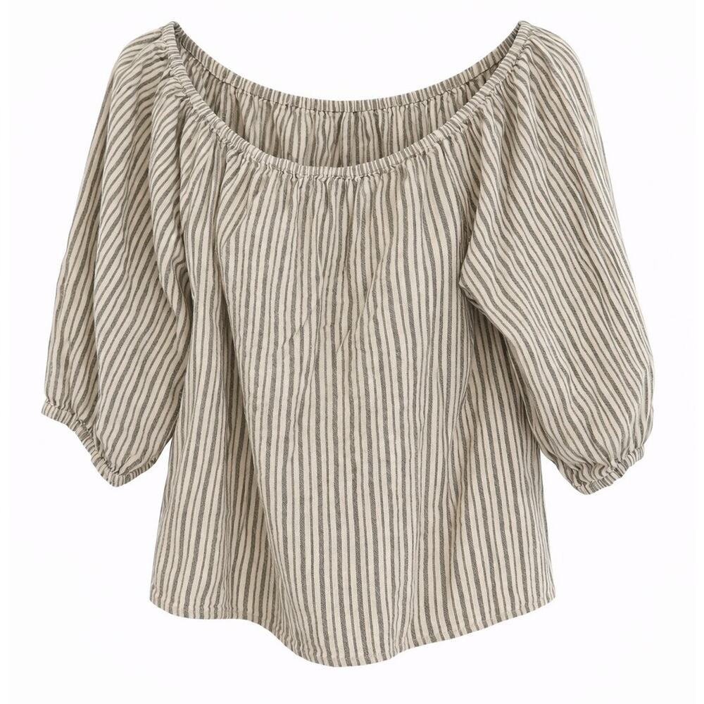 Sanctuary Linen Blend Striped Peasant Top Medium Off Shoulder Beige Boho
